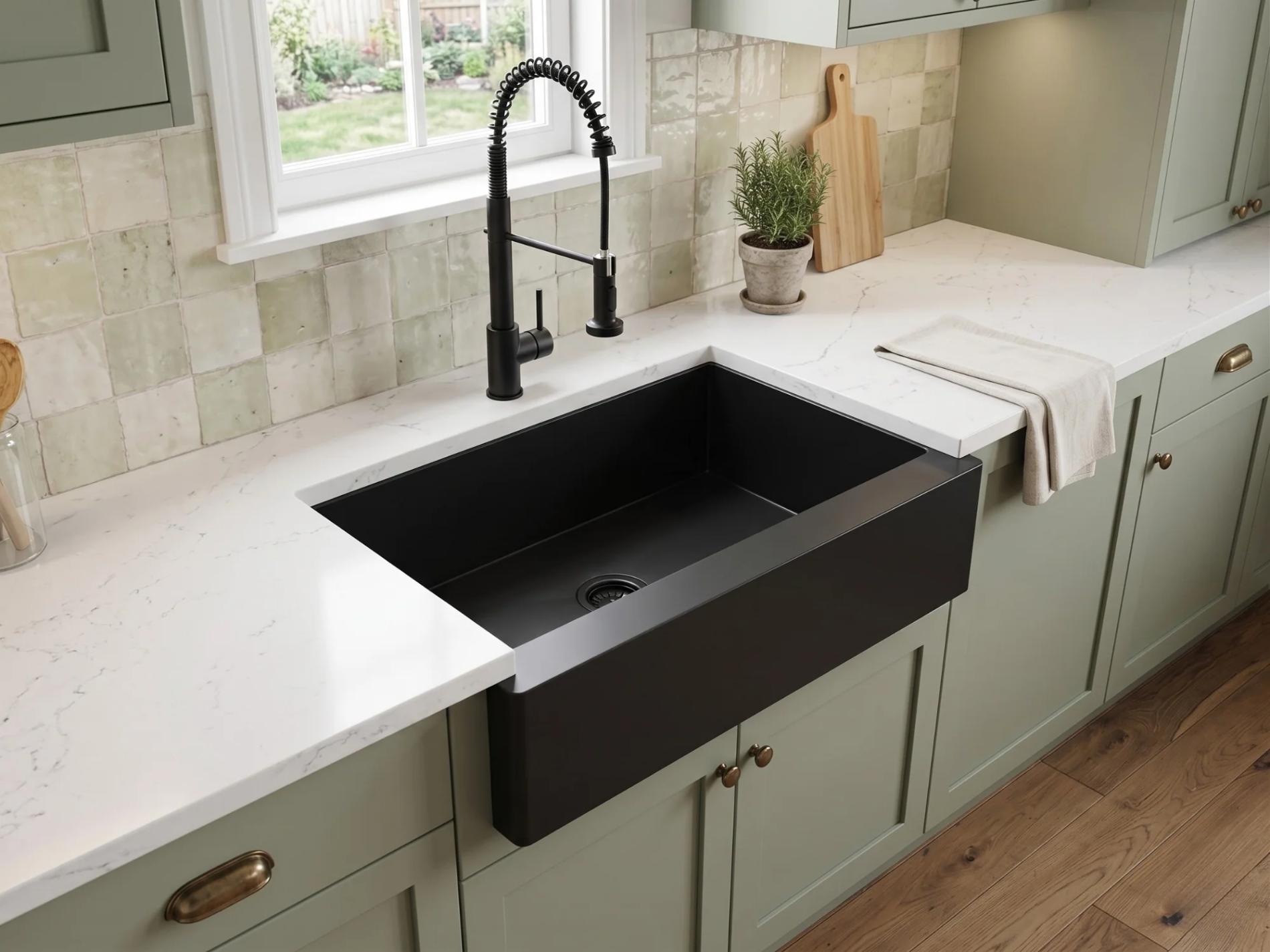 Marble kitchen counter with black sink in REO Town Lansing home